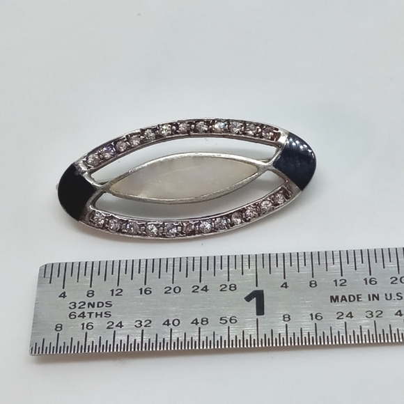 * vintage Sterling Silver Mother of Pearl & Onyx inlay rhinestones brooch pin - Picture 2 of 3